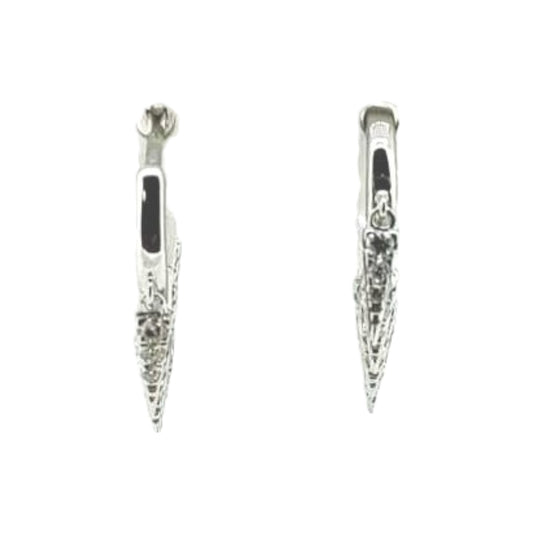 White gold hoop earrings with drop triangles descending from the hoop