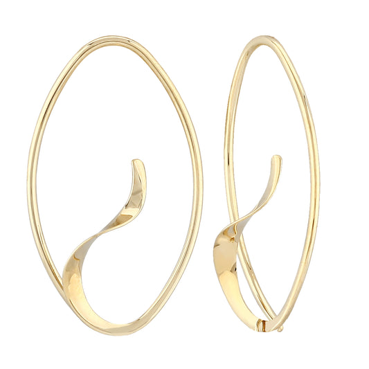 Yellow gold almond shaped drop earrings with a ribbon flair on a white background.