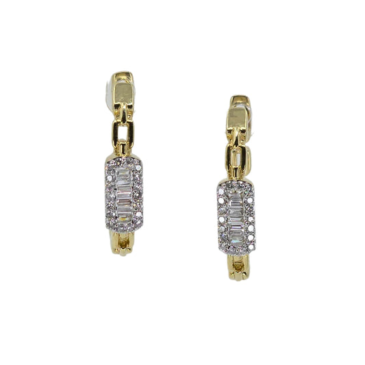 Yellow gold hoop earrings with baguette and round diamonds 