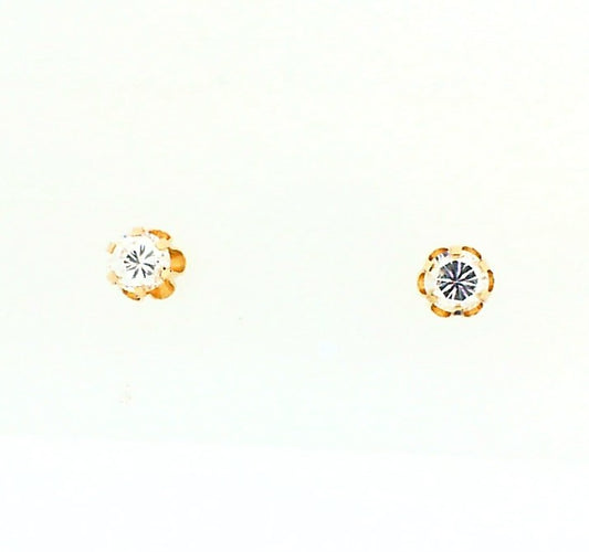 Yellow gold buttercup shaped stud earrings with a shining cz center on a white background.