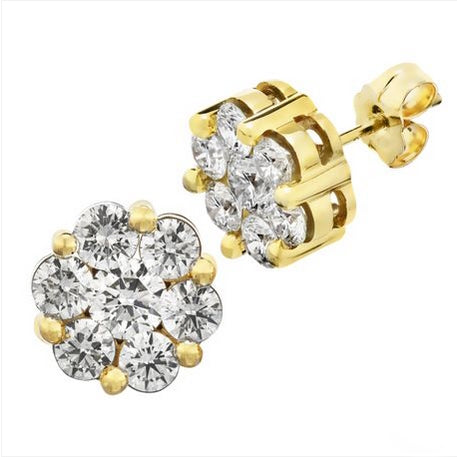 Yellow gold stud earrings with a bouquet cluster of diamonds.