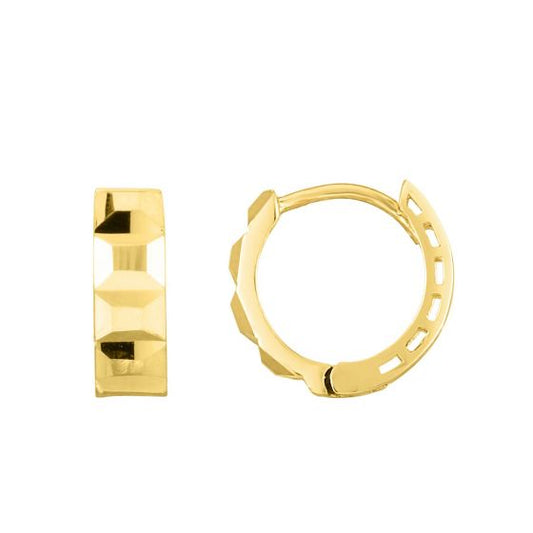 Yellow gold huggy hoop earrings with a diamond cut design.