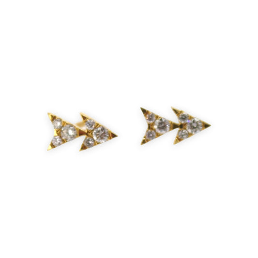 Yellow gold arrow shaped stud earrings set with diamonds.