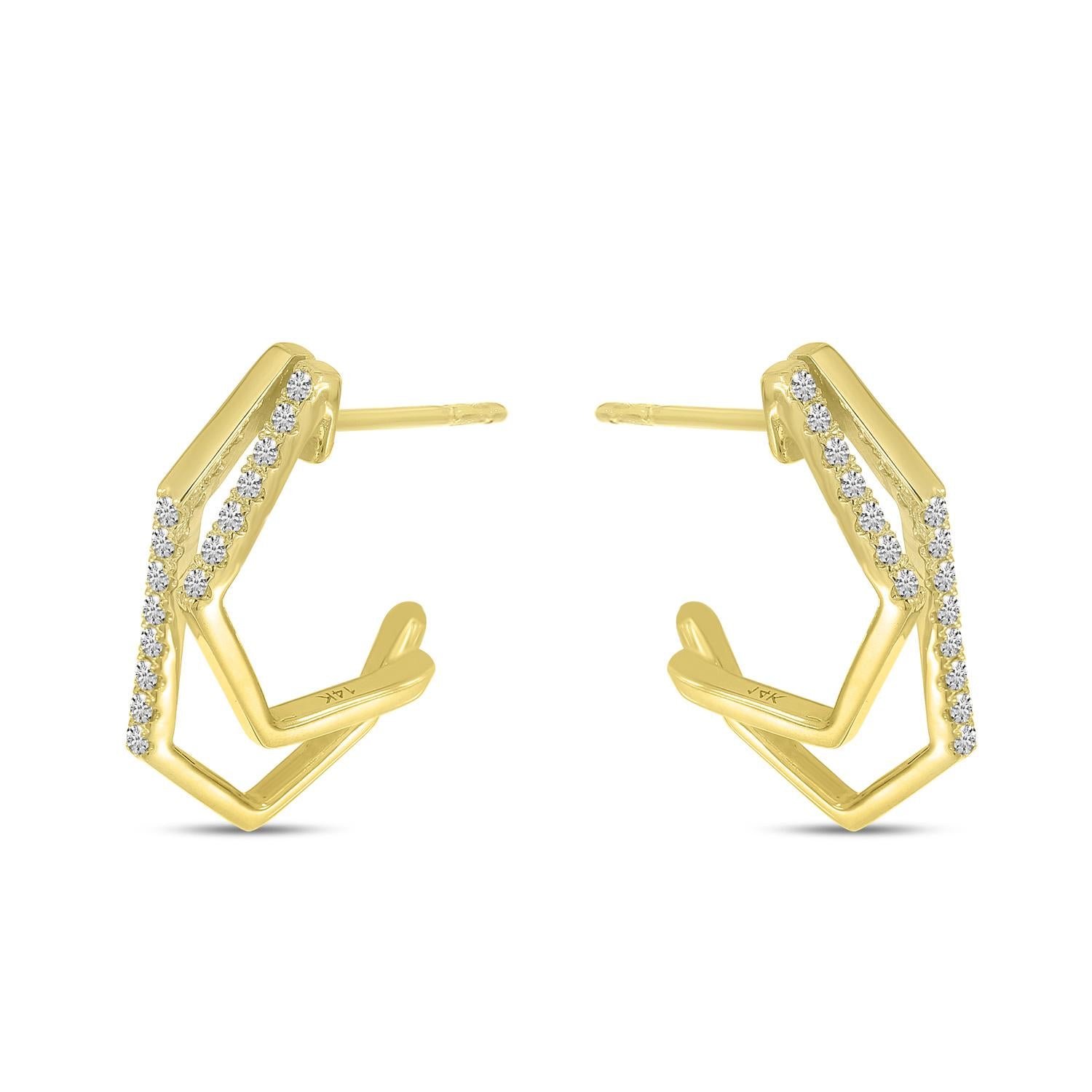 Yellow gold geometric double hoops set with round diamonds.