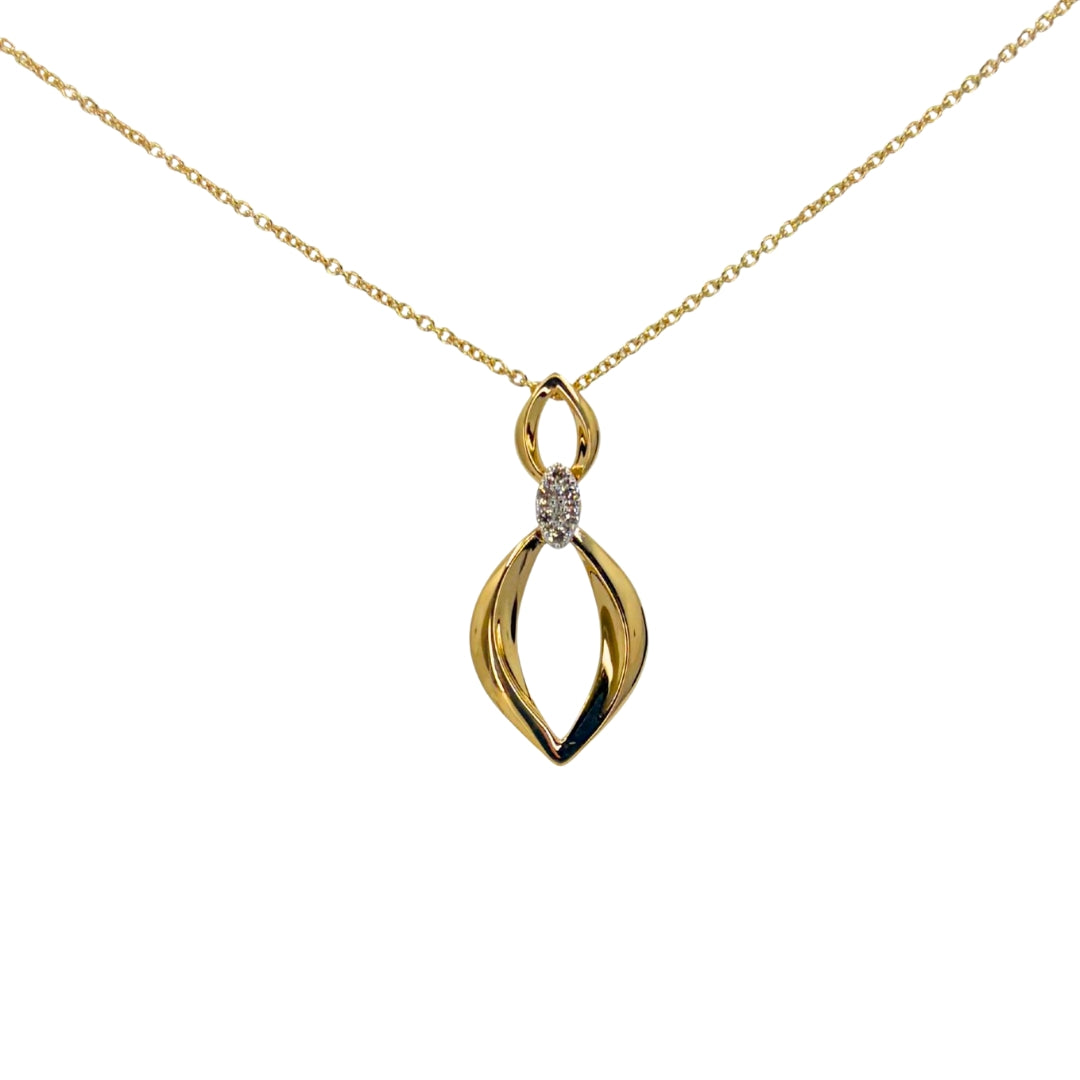 Yellow gold necklace with two descending curved diamonds shapes joined by round diamonds.