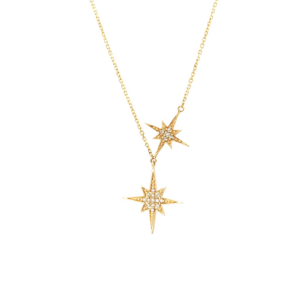 Yellow gold double star pendant set with pavé round diamonds on an adjustable 16-inch chain.