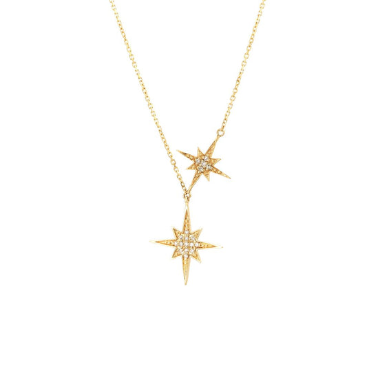 Yellow gold double star pendant set with pavé round diamonds on an adjustable 16-inch chain.
