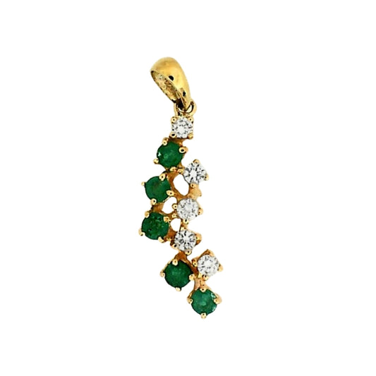 Yellow gold drop pendant featuring five round emeralds and five round diamonds in an elegant prong-set design.