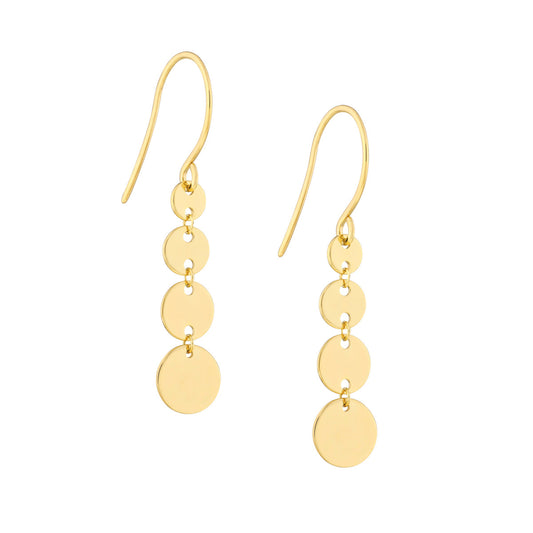 Yellow gold dangle earrings with a graduated disc design on a white background.