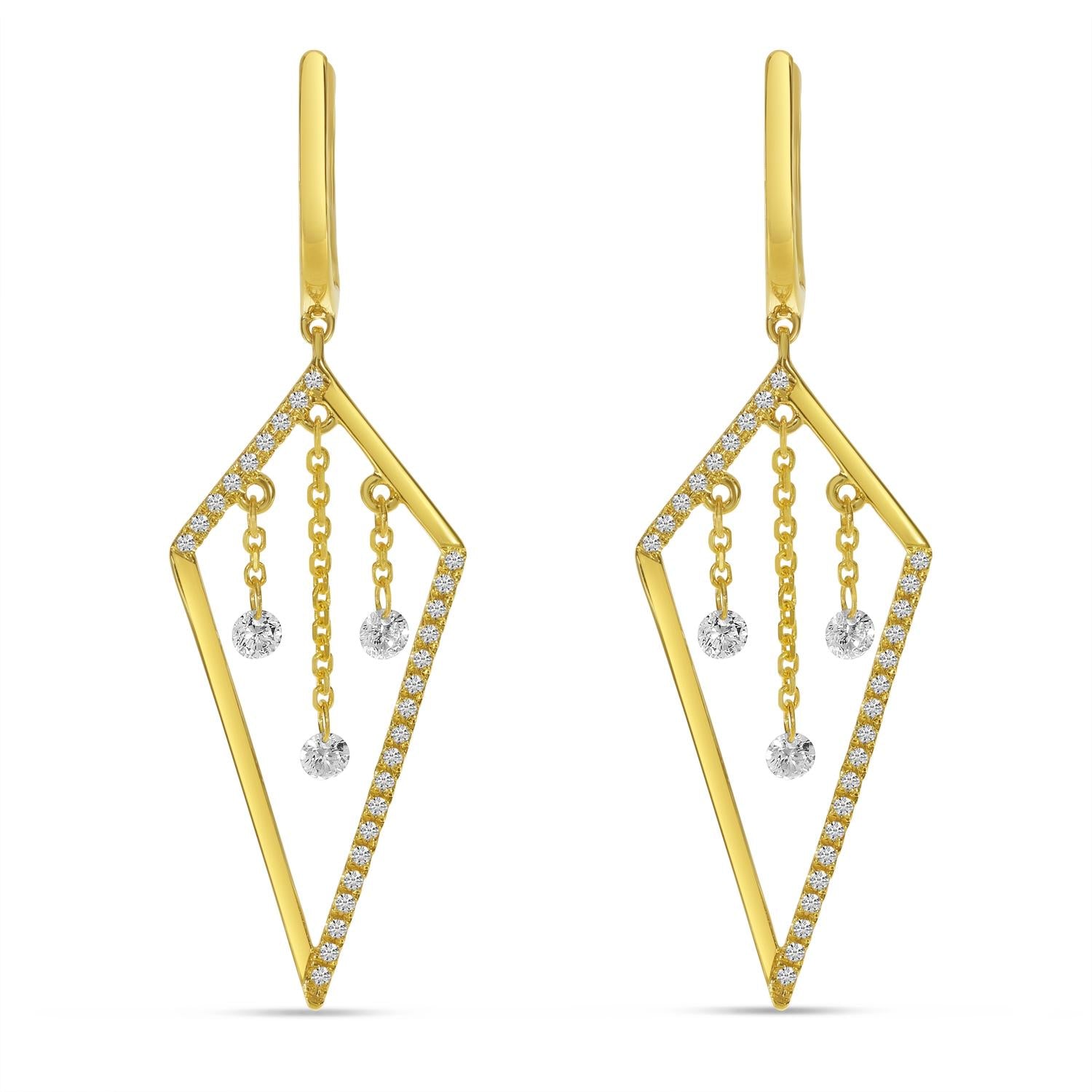 Yellow gold kite shaped drop earrings with descending dashing diamonds.