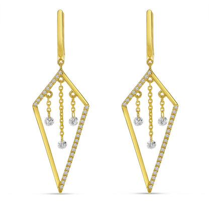 Yellow gold kite shaped drop earrings with descending dashing diamonds.