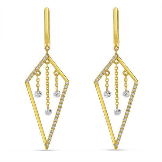 Yellow gold kite shaped drop earrings with descending dashing diamonds.