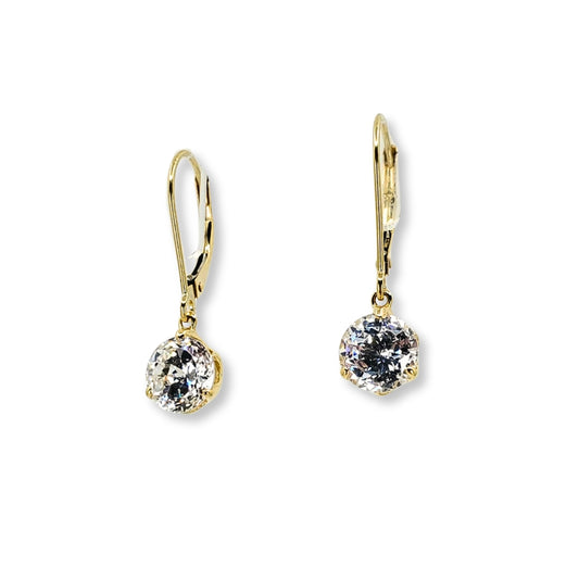 Yellow gold earrings with one cz stone each and a secure leverback clasp on a white background.