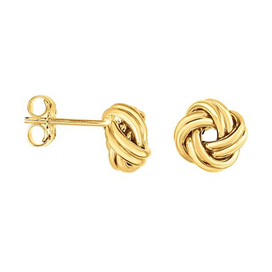 Yellow gold stud earrings with a love knot design on a white background.
