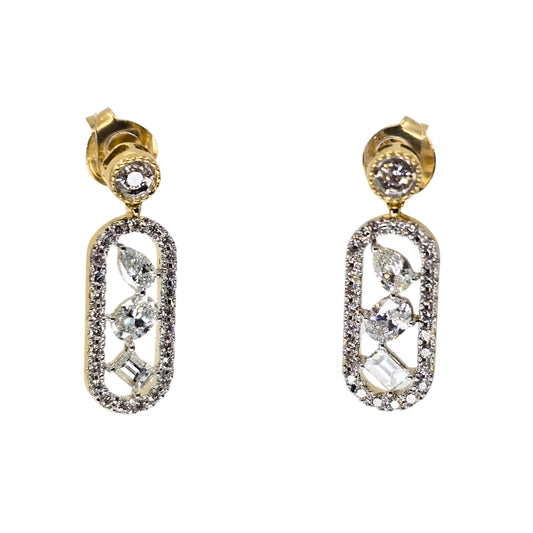 Yellow gold rectangular drop earrings set with various shapes of sparking diamonds.