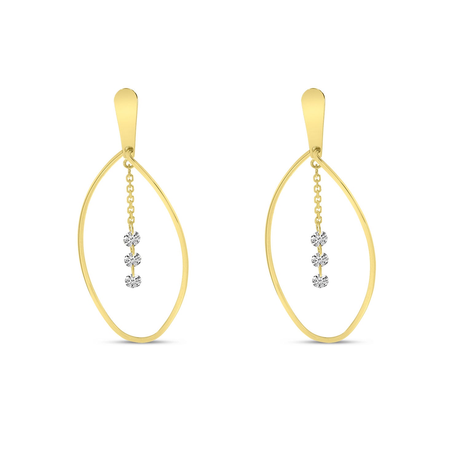Yellow gold earrings with a center of descending dashing diamonds.