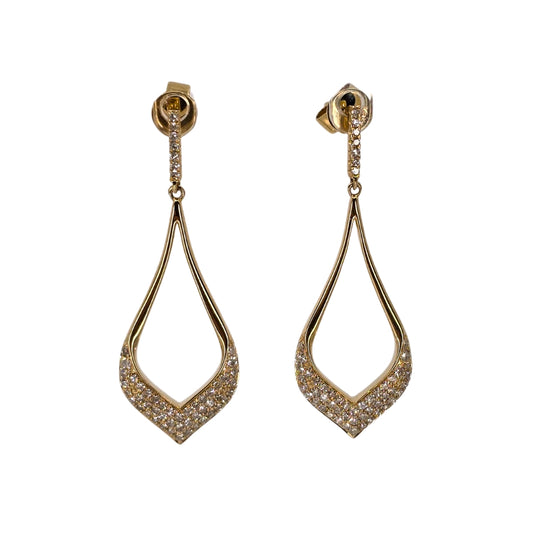 Yellow gold drop earrings set with shimmering round diamonds.