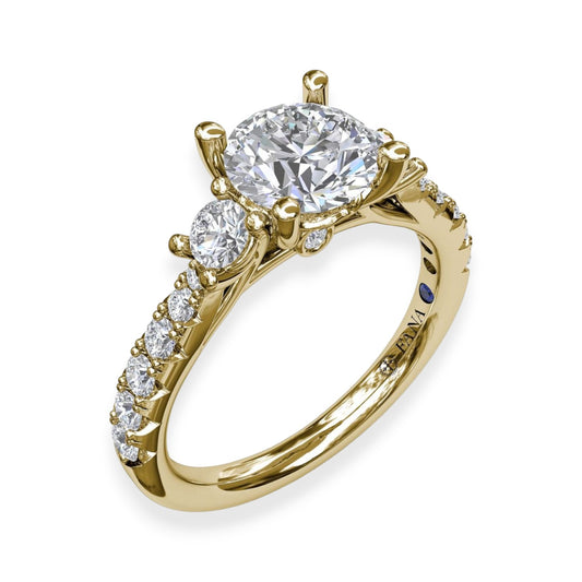 Yellow gold engagement ring accented with 16 round brilliant diamonds adorning the shank.