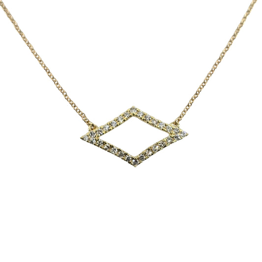 Geometric diamond shaped necklace set with round diamonds in yellow gold.