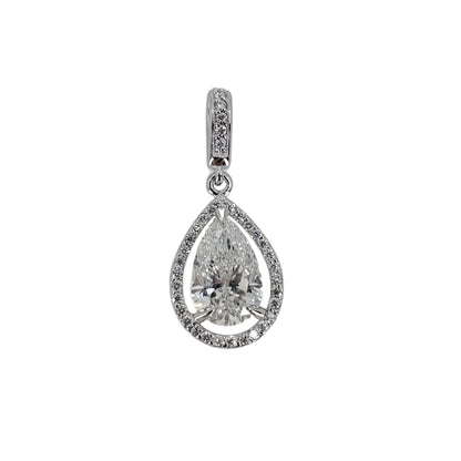 White gold halo pendant centering around a lab grown diamond pendant on a white gold background.
