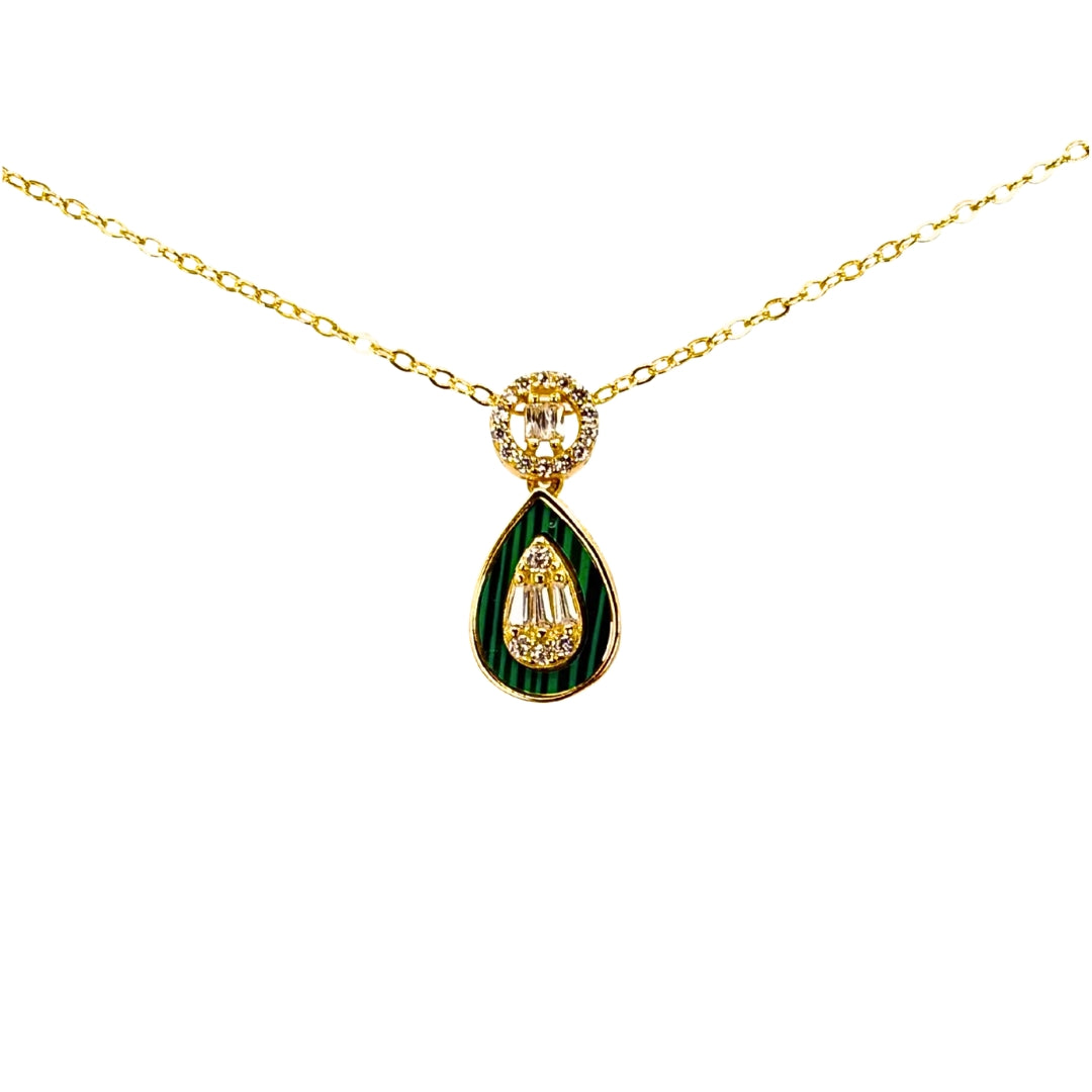 Yellow silver drop necklace featuring a pear-shaped malachite inlay accented with sparkling baguette and round cubic zirconia stones.