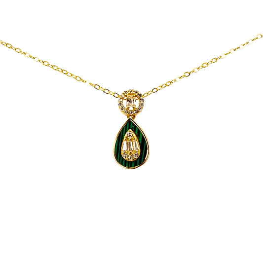 Yellow silver drop necklace featuring a pear-shaped malachite inlay accented with sparkling baguette and round cubic zirconia stones.