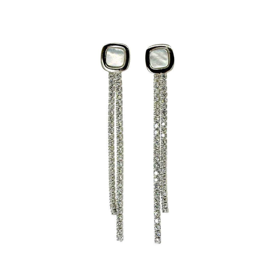 White silver post earrings with square mother-of-pearl centers and double tassel dangles.