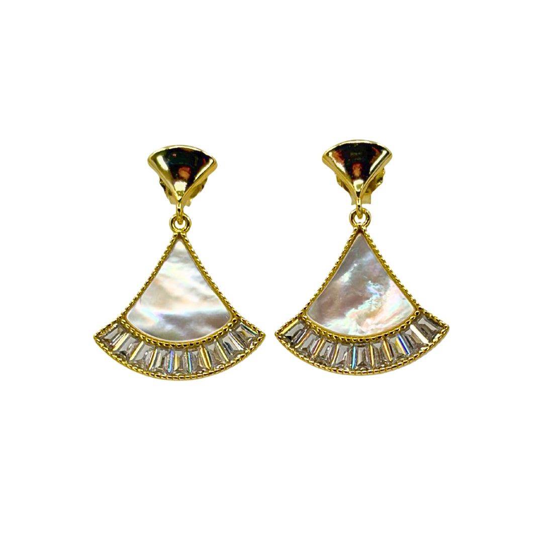 Yellow silver fan shaped drop earrings set with mother of pearl centerpieces. Nine baguette cz stones each adorn the edges of the fan.