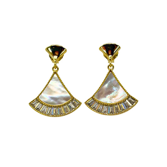 Yellow silver fan shaped drop earrings set with mother of pearl centerpieces. Nine baguette cz stones each adorn the edges of the fan.