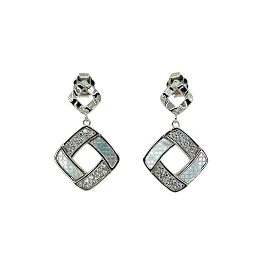 White silver drop square earrings with sides alternating between lustrous mother of pearl and cz stones.