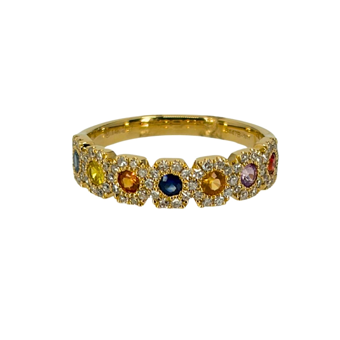 Yellow gold band set with vibrant multicolored sapphire stones each haloed with round diamonds.