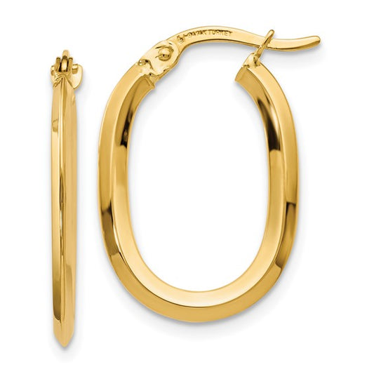 Yellow gold hinged hoop earrings on a white background.