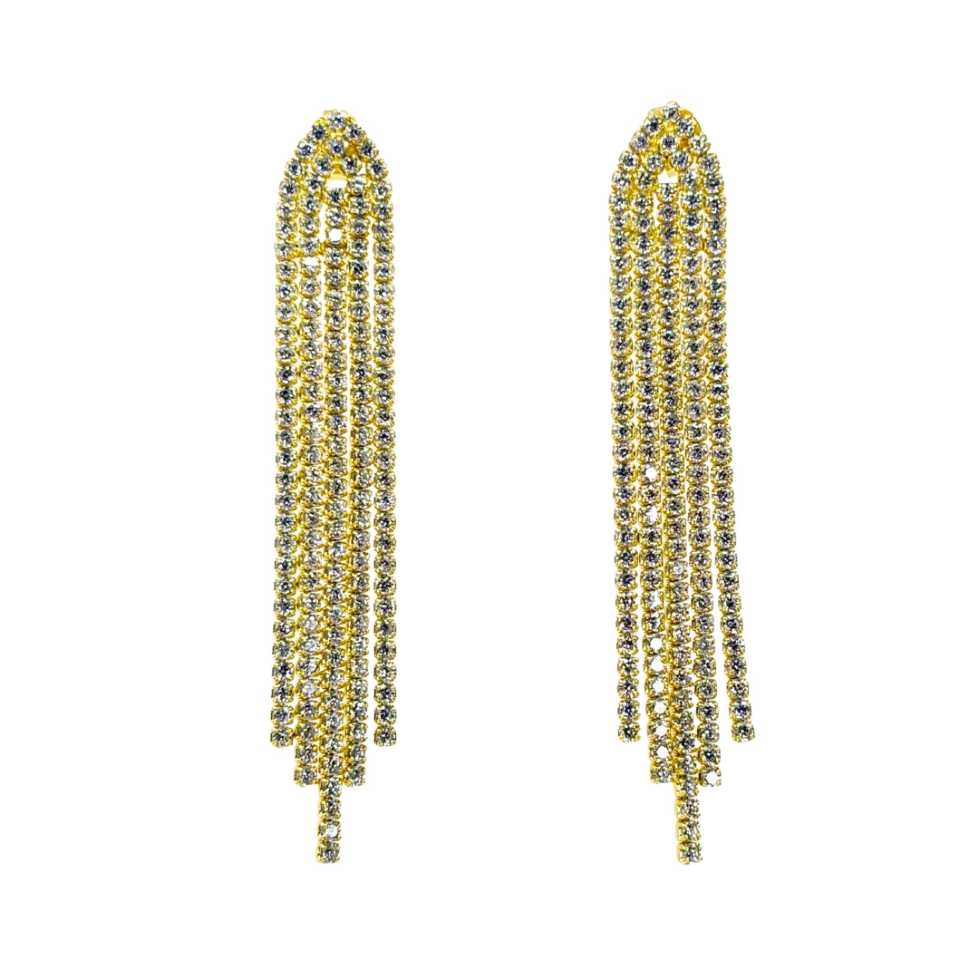 Yellow silver earrings with sparkling pavé-set stones and dangling asymmetrical tassel details.