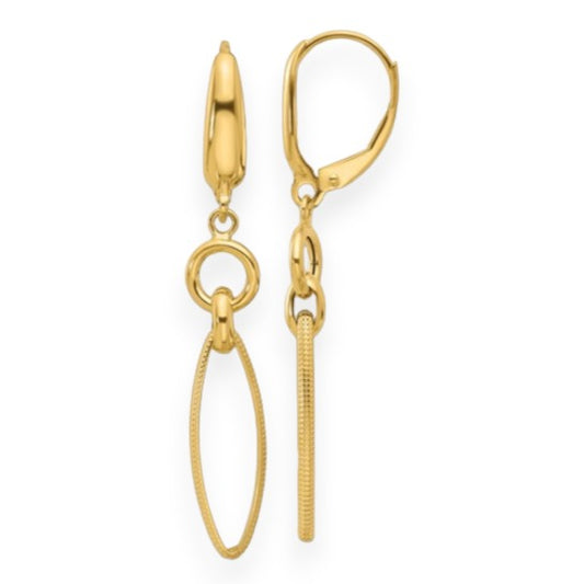 Yellow gold oval design drop earrings with a leverback clasp on a white background.