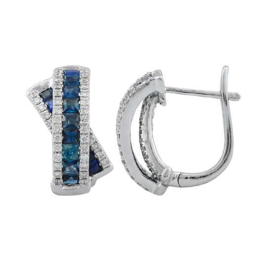 White gold hoop earrings with a unique X design set with princess cut sapphires and diamonds.