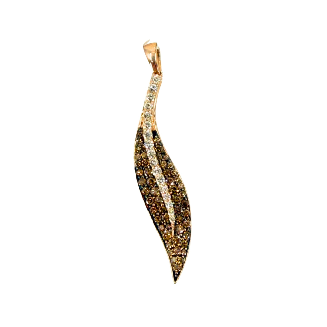 Delicate rose gold leaf shaped pendant adorned with champagne diamonds and a flowing central diamond strip.