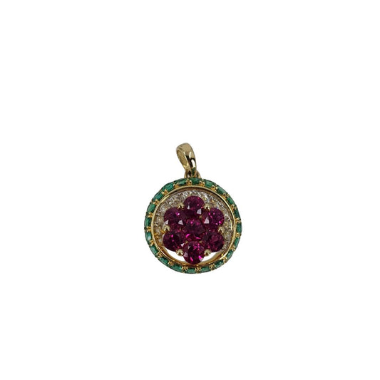 18 karat yellow gold round ruby and emerald cluster drop pendant