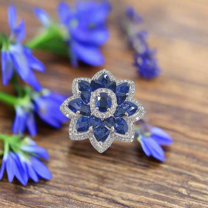 18 Karat White Gold Pear Sapphire and Round Diamond Flower Ring