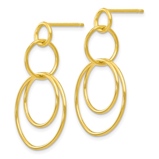 Side view of dangle gold toned sterling silver earrings with a double loop design.