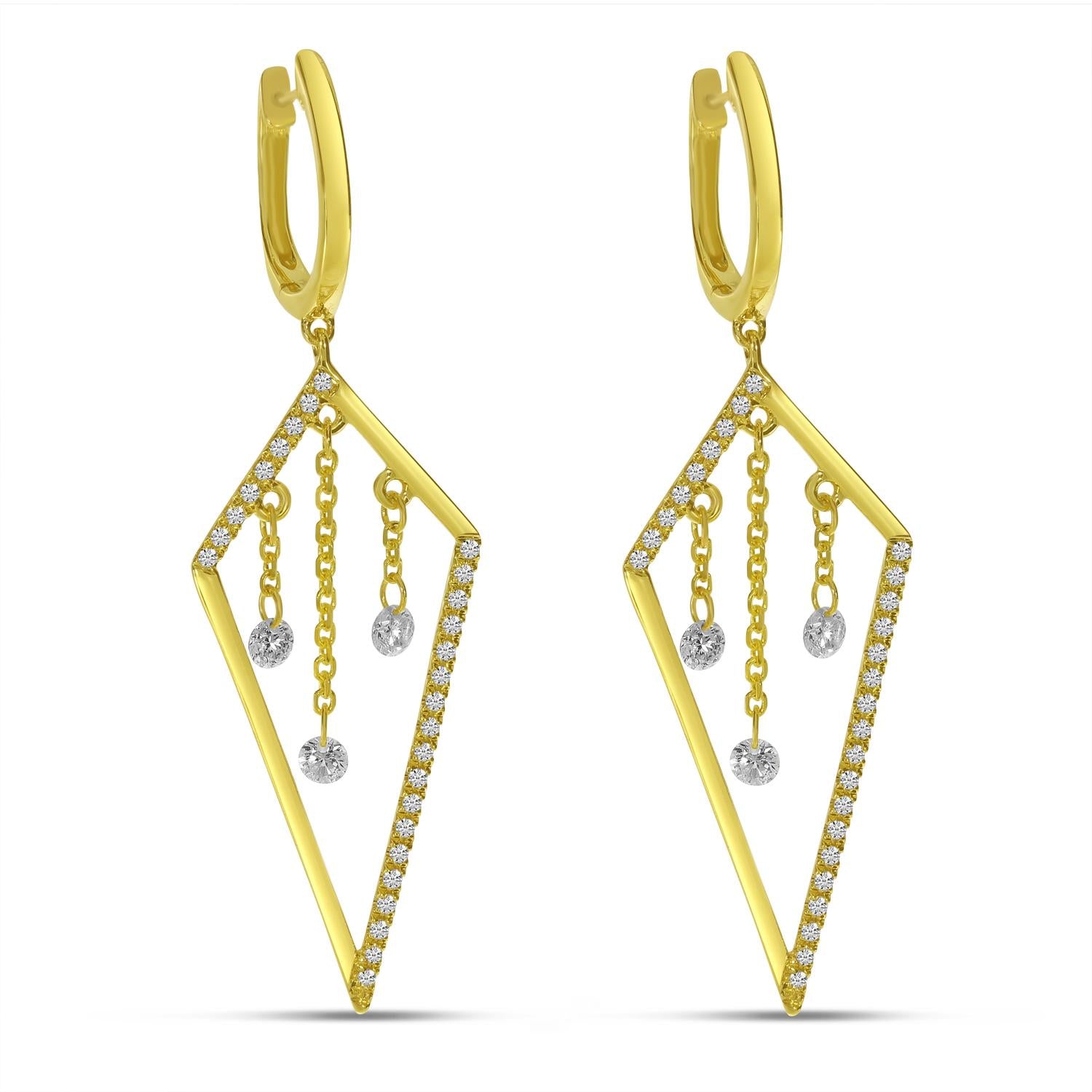 Side view of gold kite shaped drop earrings with descending dashing diamonds.