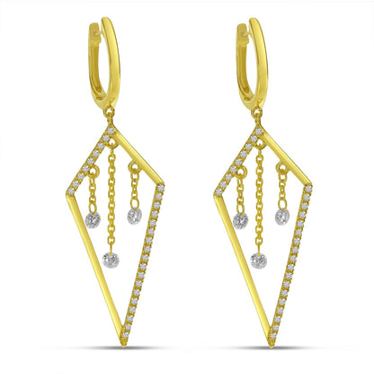 Side view of gold kite shaped drop earrings with descending dashing diamonds.