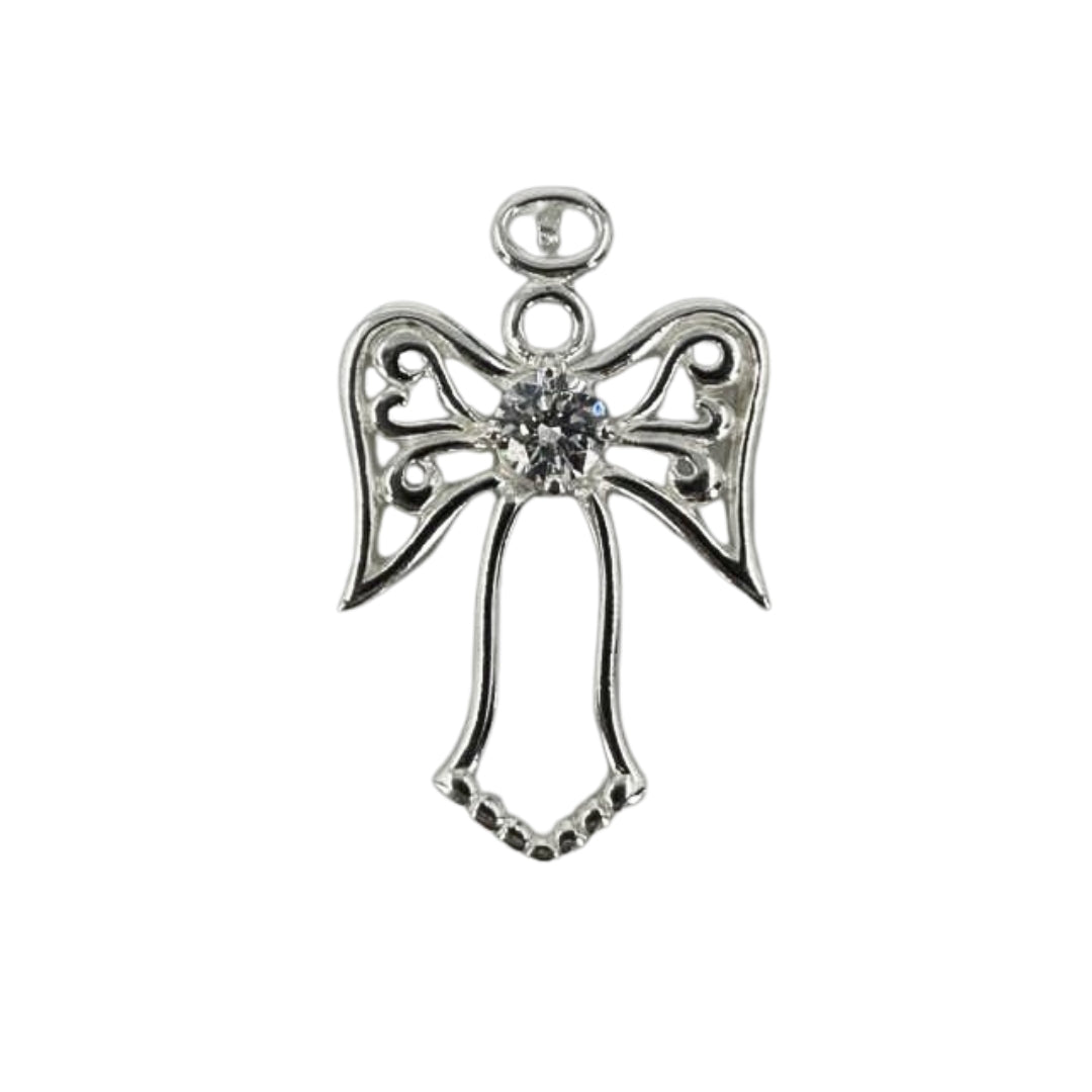 White silver angel charm with a central clear stone.