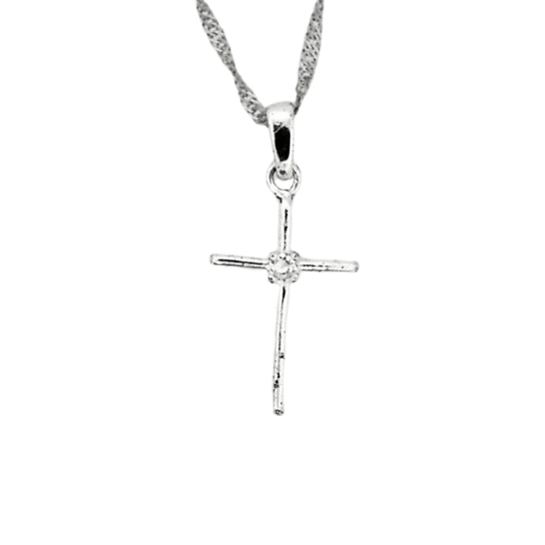 Sterling silver cross pendant accented with a center round cubic zirconia stone, hanging on an 18-inch Singapore chain with a twisted link design.