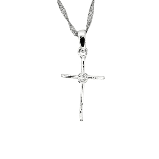 Sterling silver cross pendant accented with a center round cubic zirconia stone, hanging on an 18-inch Singapore chain with a twisted link design.