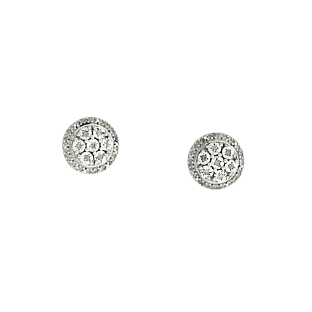 White silver stud earrings set with a cluster of shimmering round diamonds.