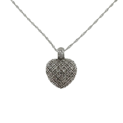White sterling silver heart pendant completely set with round diamonds on a twisting white sterling silver chain.