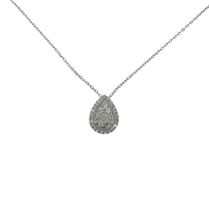 White silver diamond teardrop pendant on a white silver chain.