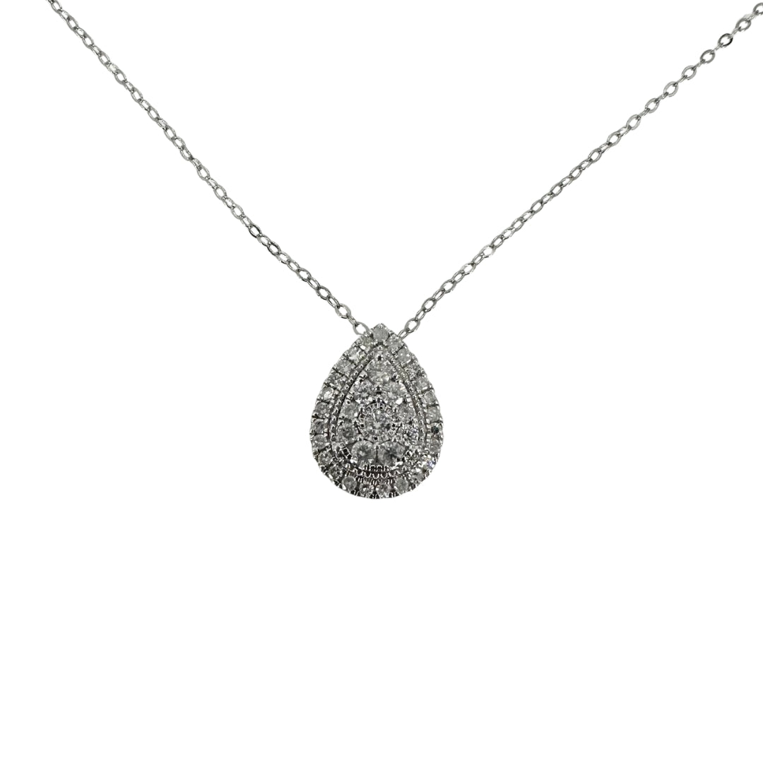 White silver teardrop pendant set with concentric layers of round diamonds.