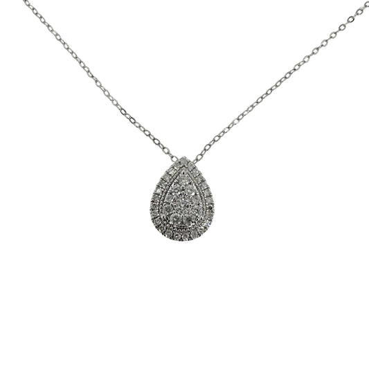 White silver teardrop pendant set with concentric layers of round diamonds.