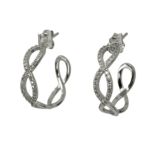 White silver hoop earrings shaped in a repeating infinity shape and set with pave cubic zirconia stones.